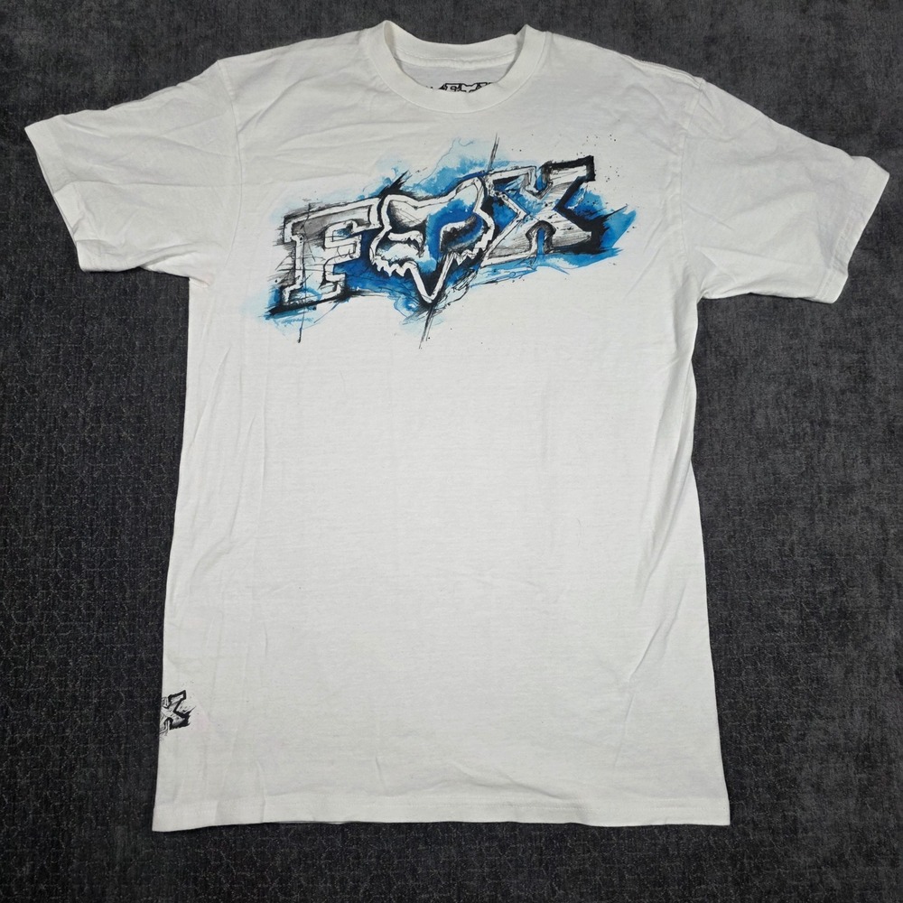 Fox Racing Mens Medium Graphic T-Shirt White Blue Sketch Logo Motocross Tee M